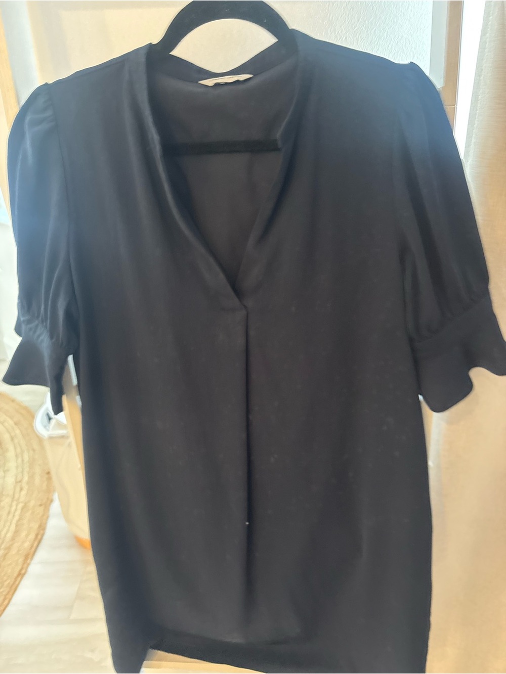 Naked Zebra Navy Short Sleeve V-Neck Ruffle Sleeve Dress